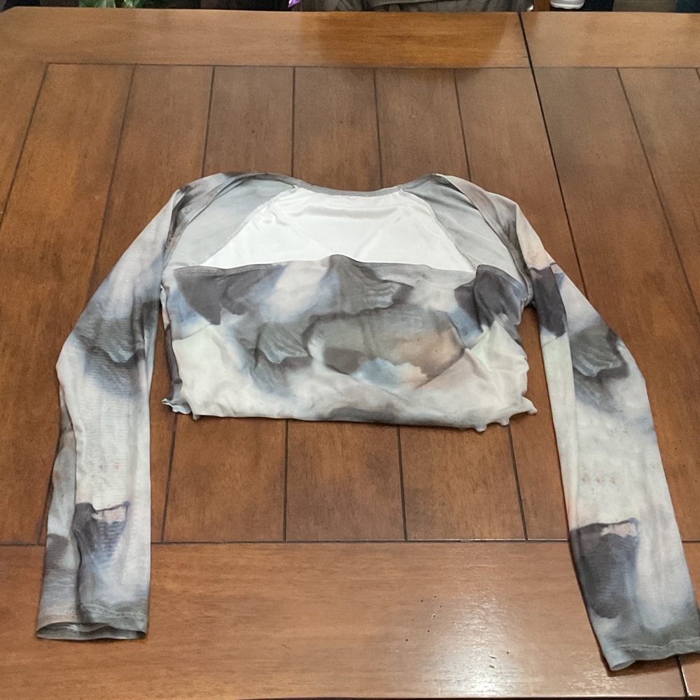 Abstract Print Mesh Long Sleeve Top